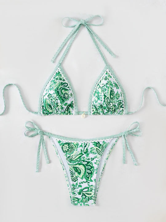 Damen Triangel-Bikini-Set mit verstellbaren Bindebändern und floralem Design EB