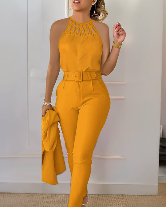 Damen Jumpsuit mit ausgefallenem Oberteil und taillierter Hose EB