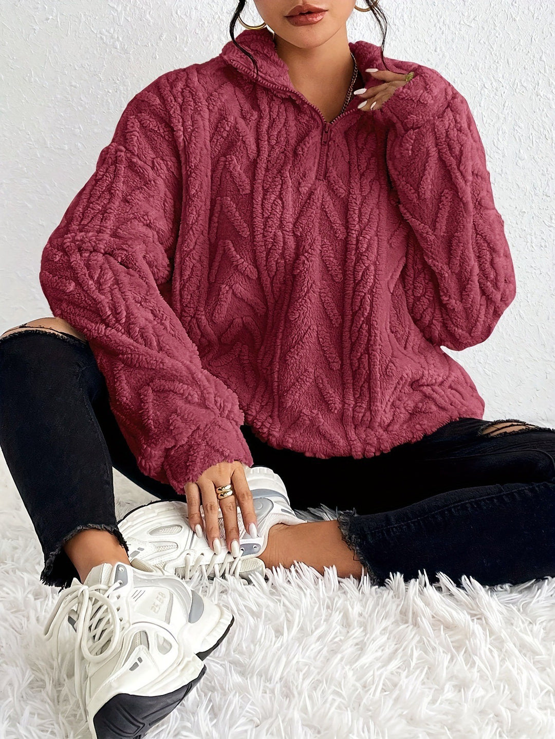 Damen Kuscheliger Fleece-Pullover mit hohem Kragen und Zipper-Detail EB