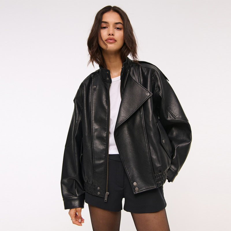 Damen Modische Kunstlederjacke im oversized Schnitt mit strukturierten Details EB