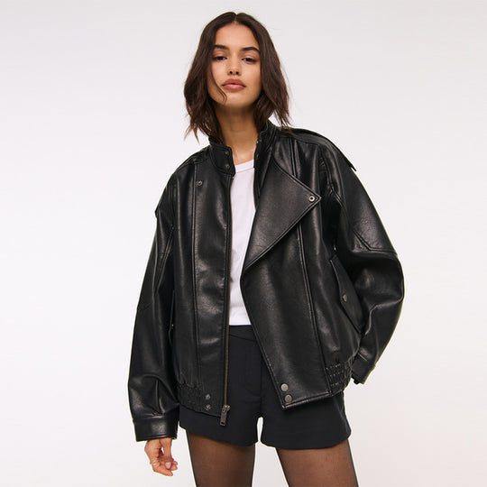 Damen Modische Kunstlederjacke im oversized Schnitt mit strukturierten Details EB