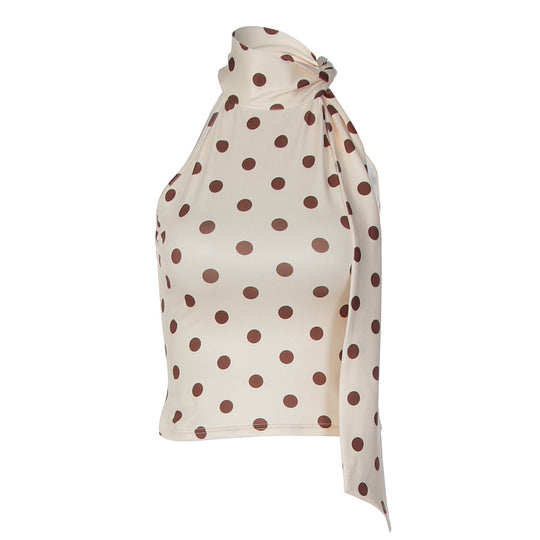 Damen asymmetrisches Polka-Dot-Top mit hohen Schnittlinien und elegantem Halterdesign EB