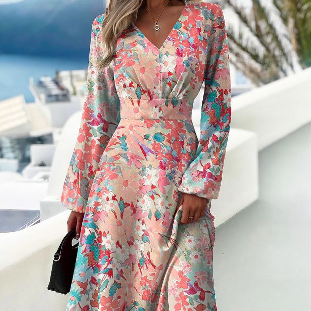 Damen Elegantes langärmliges Kleid mit raffiniertem V-Ausschnitt und floralem Muster EB