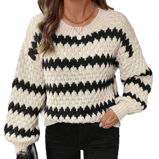 Damen Grobstrickpullover mit geometrischem Muster und voluminösen Ärmeln EB