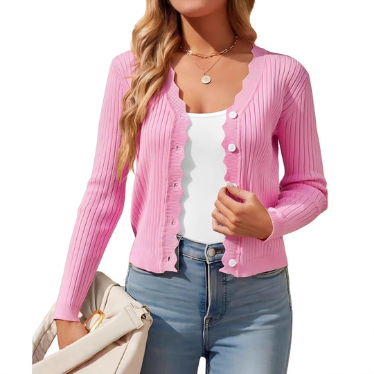 Damen Feiner Rippstrick Cropped-Cardigan mit Wellensaum und dekorativer Knopfleiste EB