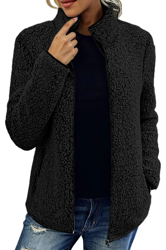 Damen kuschelige Fleecejacke mit hohem Kragen und praktischen Taschen EB