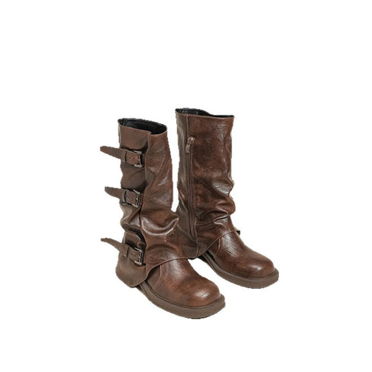Damen Bikerstiefel mit mehrfachen Zierschnallen, gerafftem Schaft und robuster Profilsohle EB
