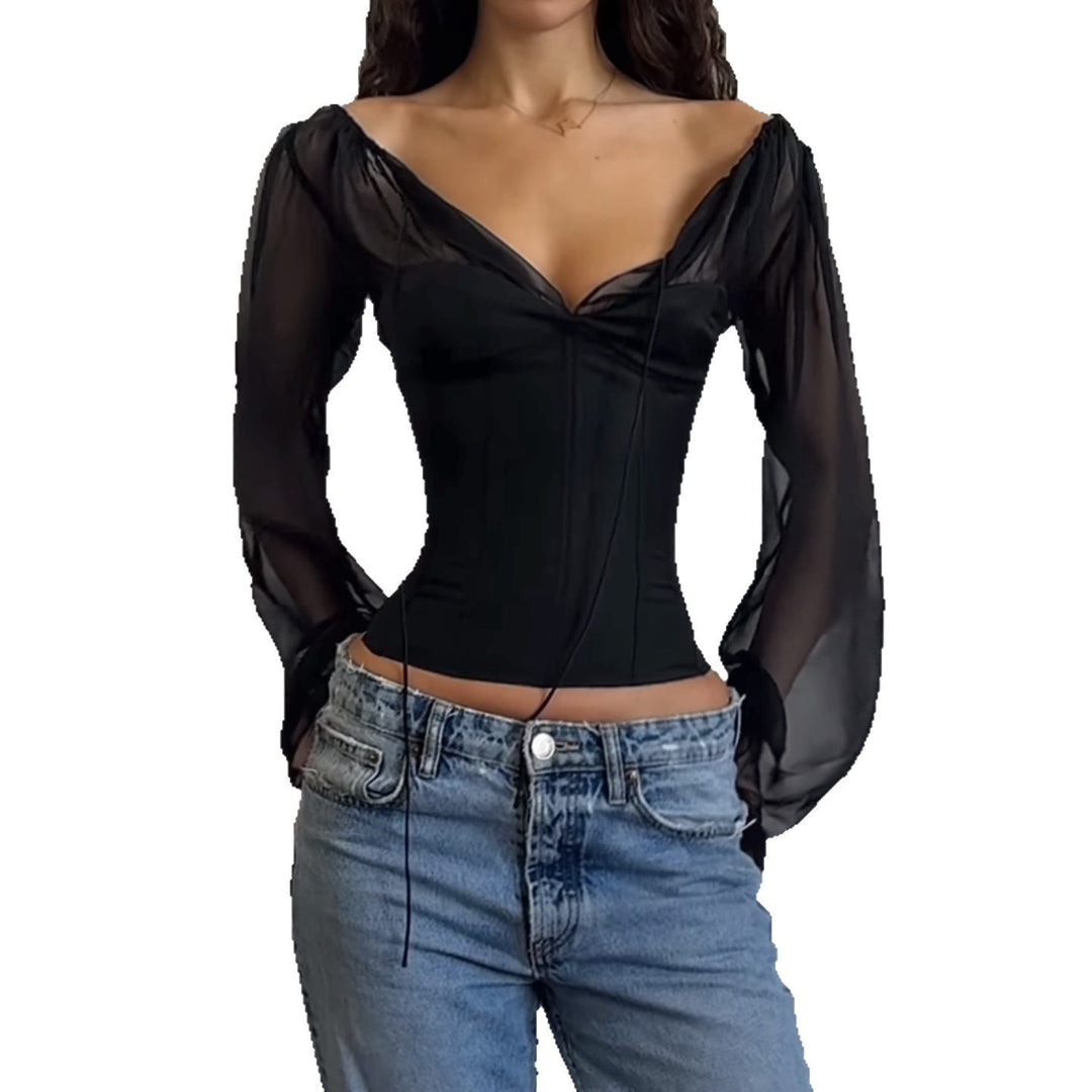 Damen elegantes Oberteil mit transparenten Ärmeln und schmaler Silhouette EB