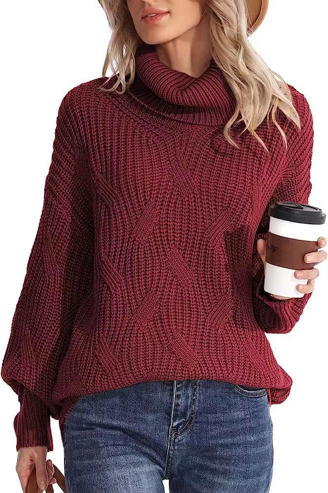 Damen Weicher Strickpullover mit hohem Kragen und Kabelmuster EB