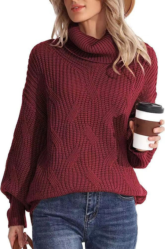 Damen Weicher Strickpullover mit hohem Kragen und Kabelmuster EB