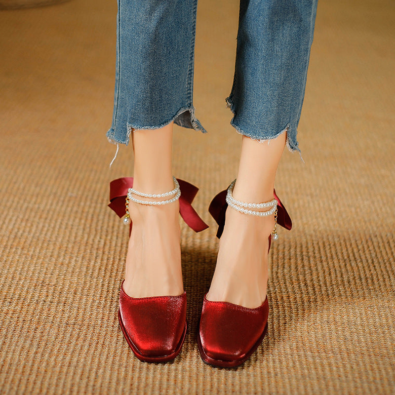 Damen elegante Slingback Schuhe mit perlverziertem Riemen EB