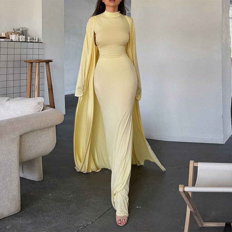 Damen elegantes Maxikleid mit weitem Cape und langen Ärmeln EB