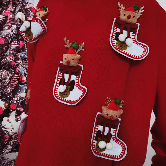 Damen Weihnachts-Strickpullover mit festlichem Rentier-Motiv und 3D-Details EB