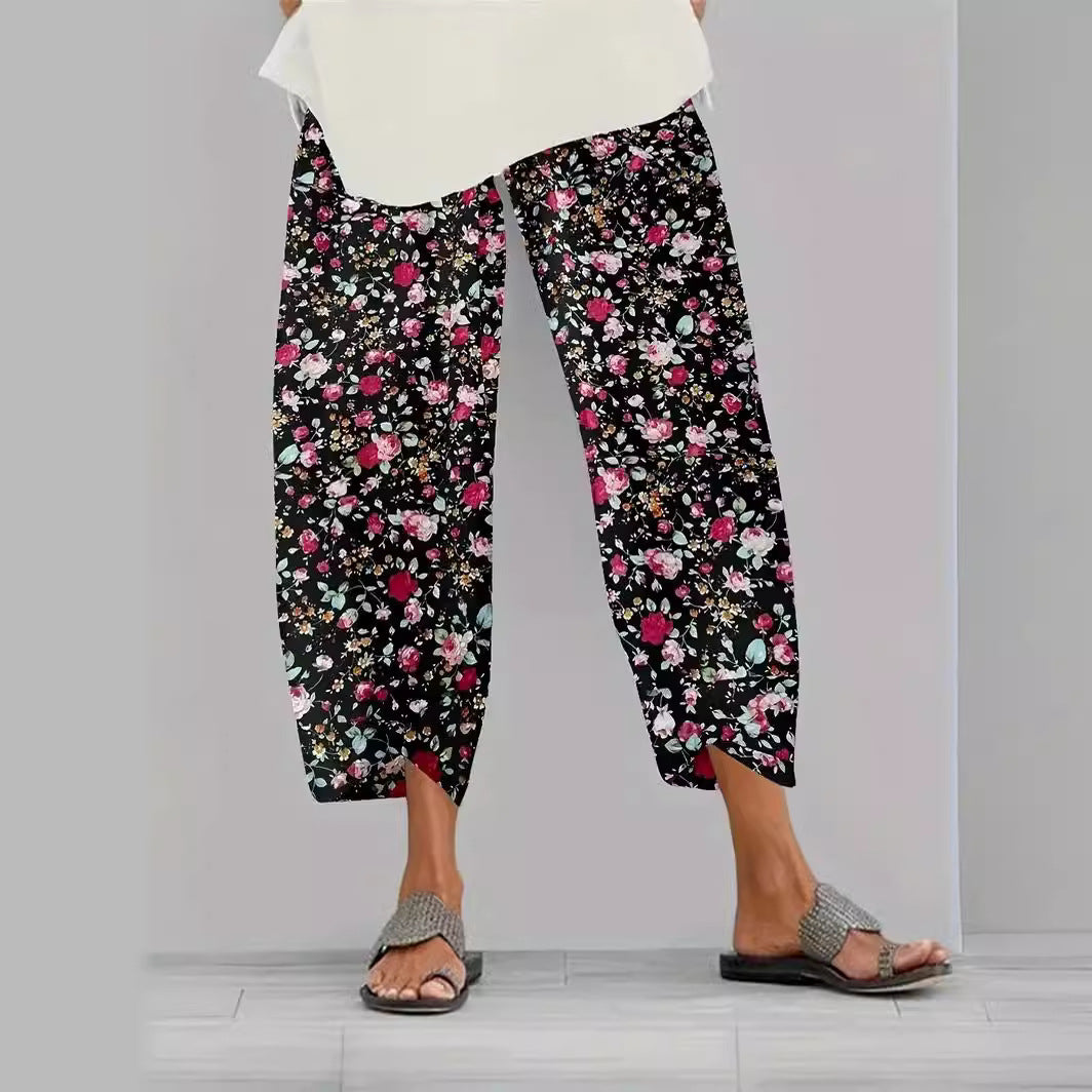 Damen lässige weite Stoffhose mit floralem Muster und elastischem Bund EB