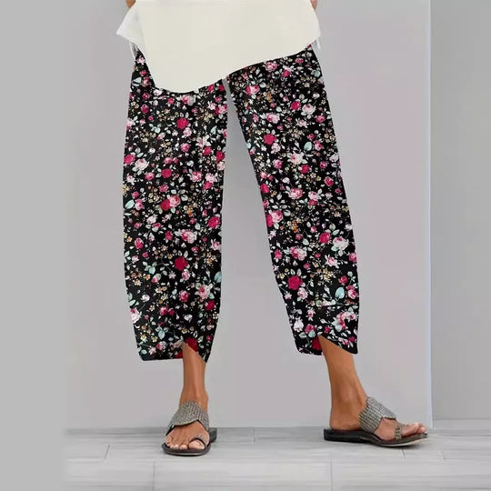 Damen lässige weite Stoffhose mit floralem Muster und elastischem Bund EB