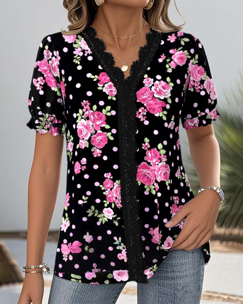Damen Blusenshirt mit floralem Design und femininen Spitzenakzenten Heidi-Mode