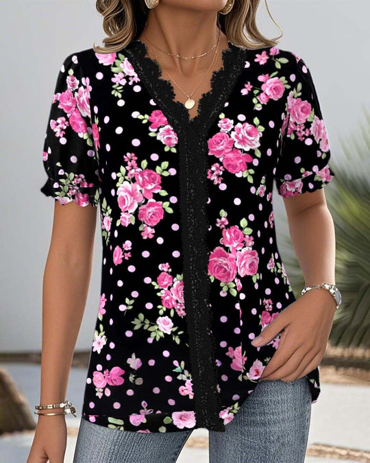 Damen Blusenshirt mit floralem Design und femininen Spitzenakzenten Heidi-Mode