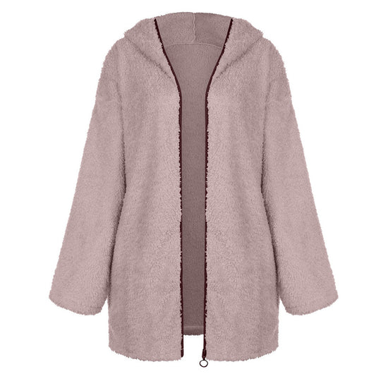Damen Flauschige Kapuzenjacke im oversized Schnitt mit Eingrifftaschen und Reißverschluss EB