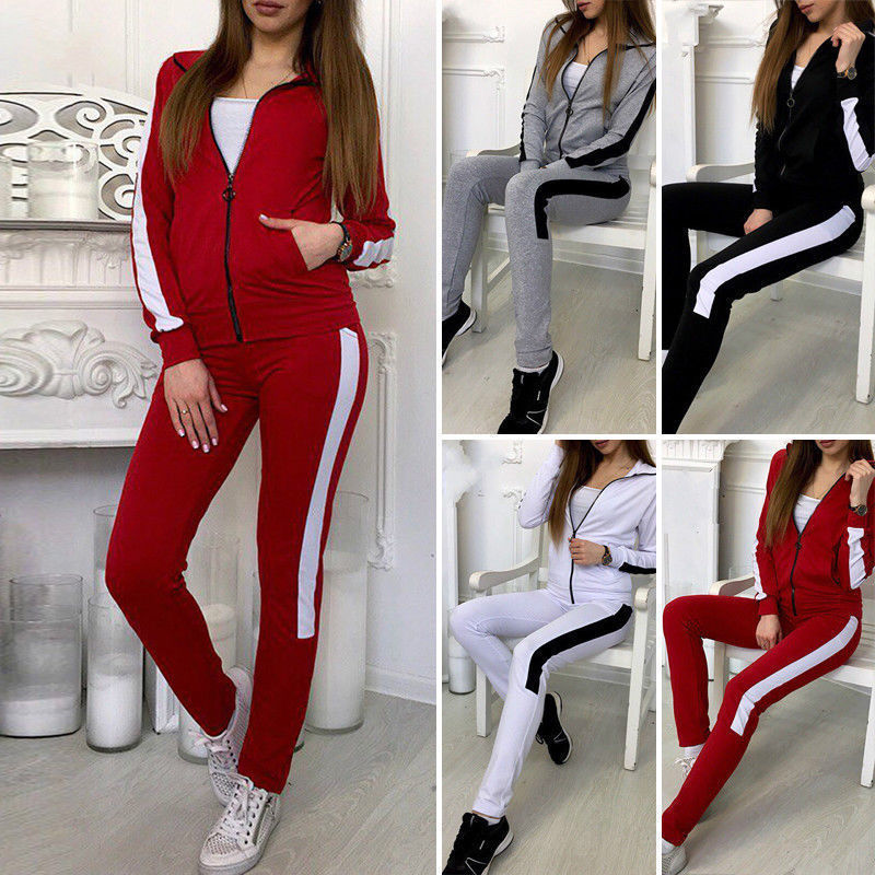 Damen Jogginganzug aus Stretchmaterial mit seitlichem Kontraststreifen und Reißverschluss EB