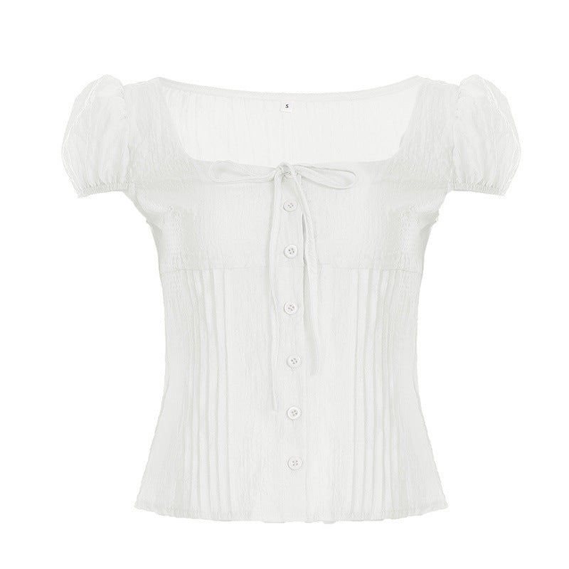 Damen Kurzarm Hemdbluse mit eleganter Raffung und verspieltem Bindeband EB