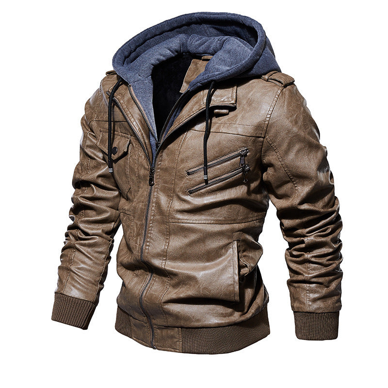 Herren lässige Kunstlederjacke mit abnehmbarer Kapuze und zahlreichen Taschen EB