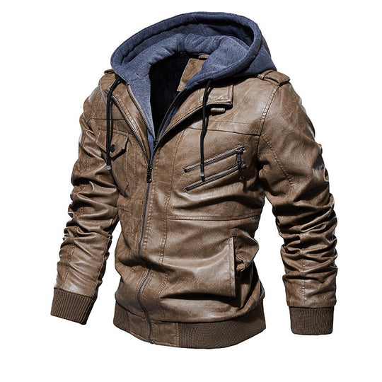 Herren lässige Kunstlederjacke mit abnehmbarer Kapuze und zahlreichen Taschen EB