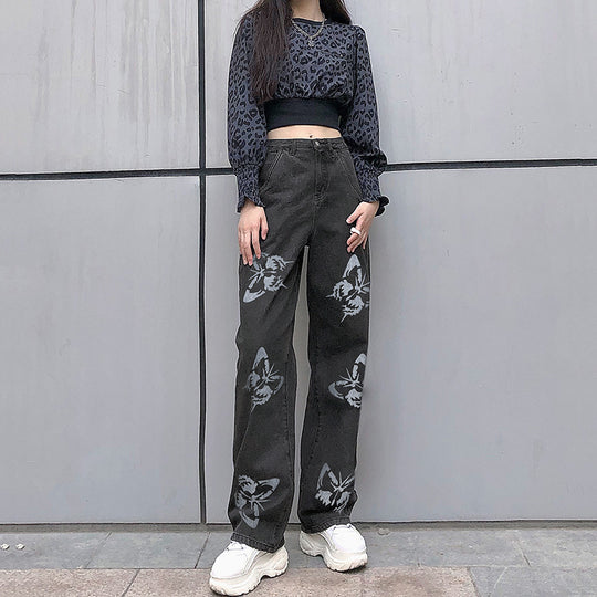 Damen nan weite High-Waist-Jeans mit Gothic-Schmetterlingsprint und entspanntem Straight-Leg EB