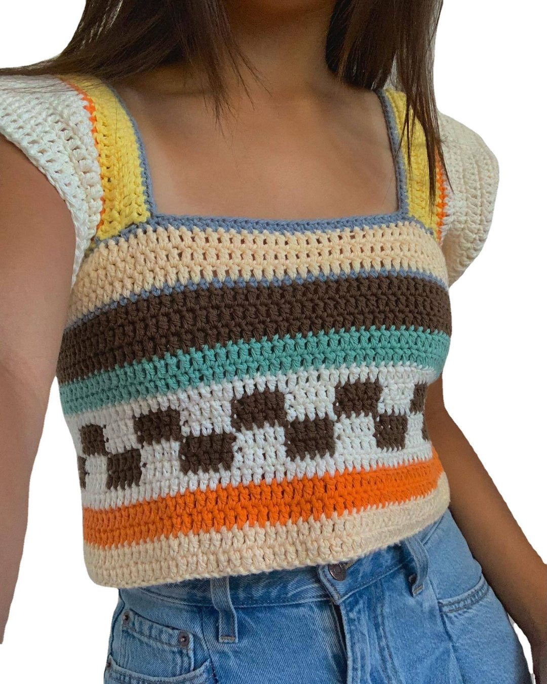 Damen gehäkeltes Crop-Top mit buntem Streifenmuster und Quadrat-Ausschnitt EB