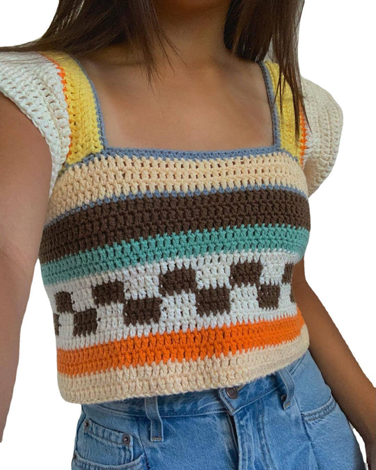 Damen gehäkeltes Crop-Top mit buntem Streifenmuster und Quadrat-Ausschnitt EB