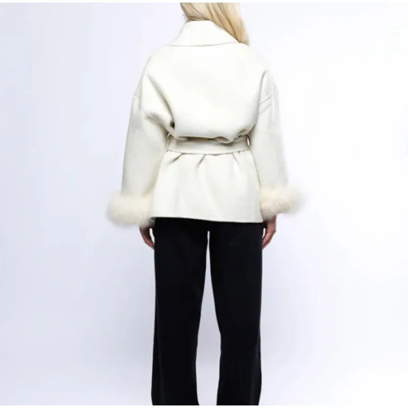 Damen Elegante Wickeljacke mit Teddyfellärmeln EB
