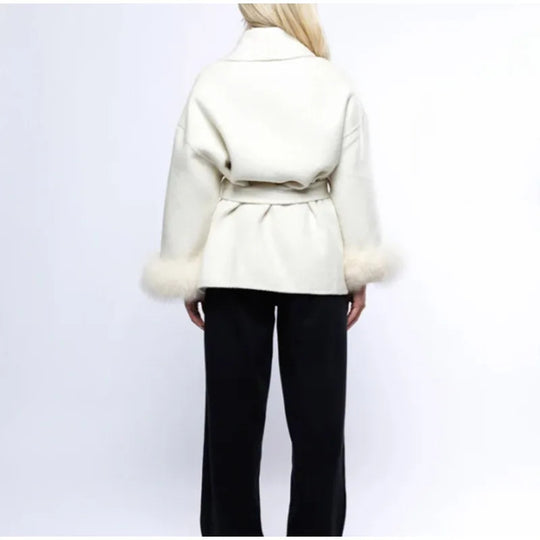 Damen Elegante Wickeljacke mit Teddyfellärmeln EB