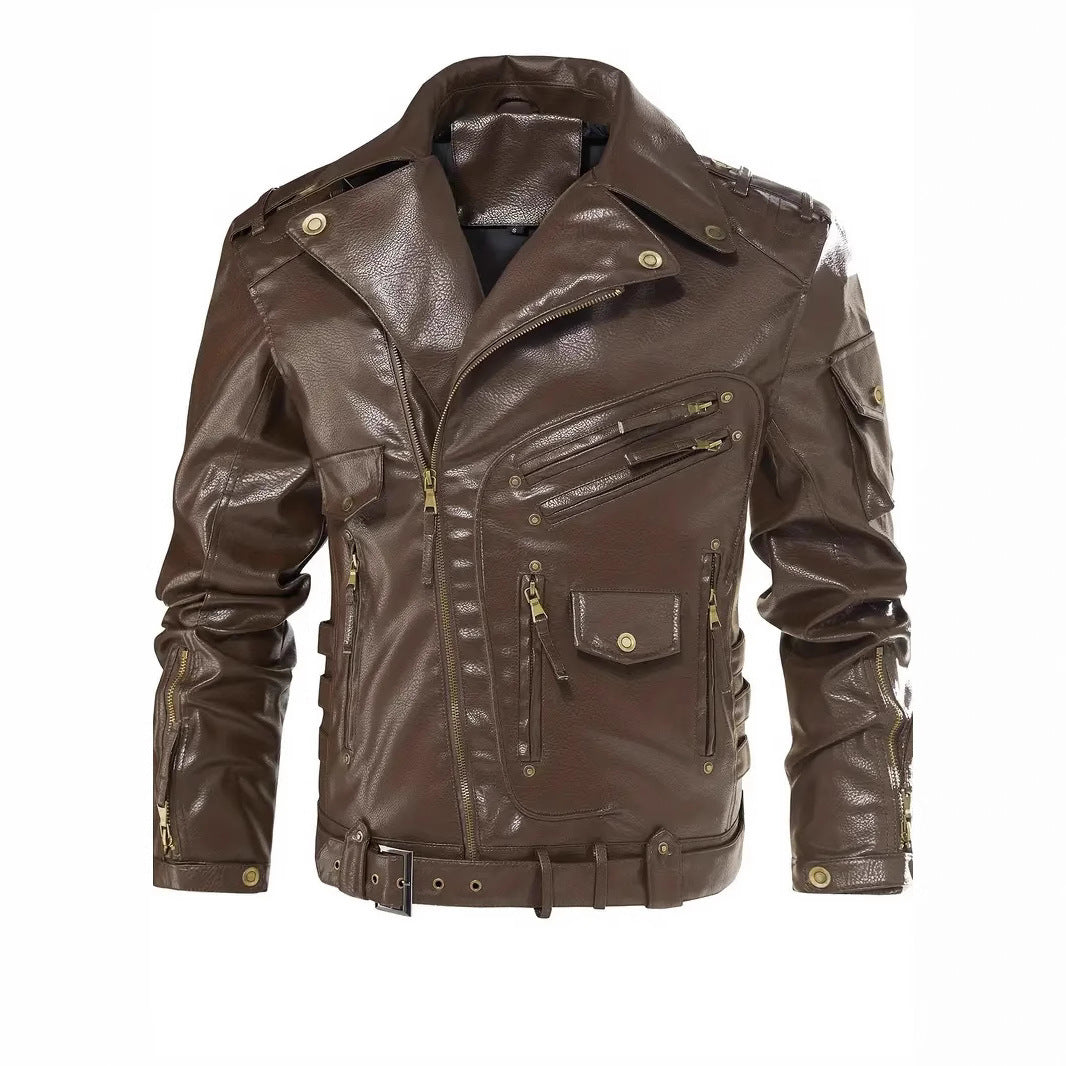Herren Stylische Bikerjacke mit Mehreren Reißverschlusstaschen und Gürteldetail EB