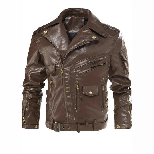Herren Stylische Bikerjacke mit Mehreren Reißverschlusstaschen und Gürteldetail EB