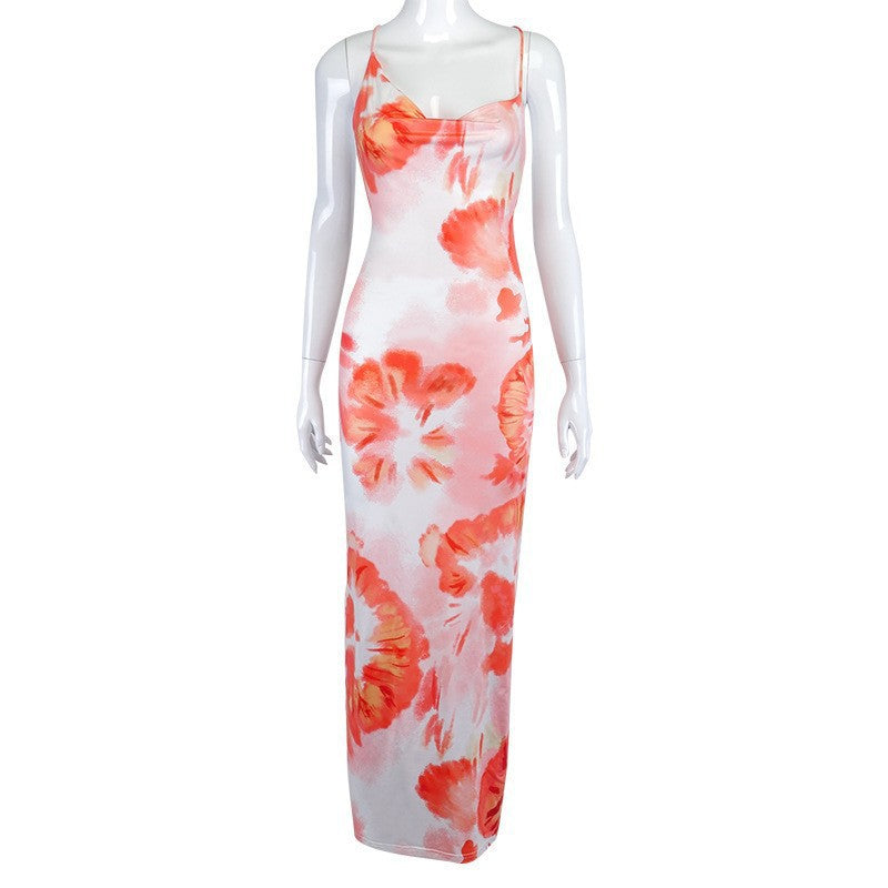 Damen langes Sommerkleid mit floralem Druck und verstellbaren Spaghettiträgern EB