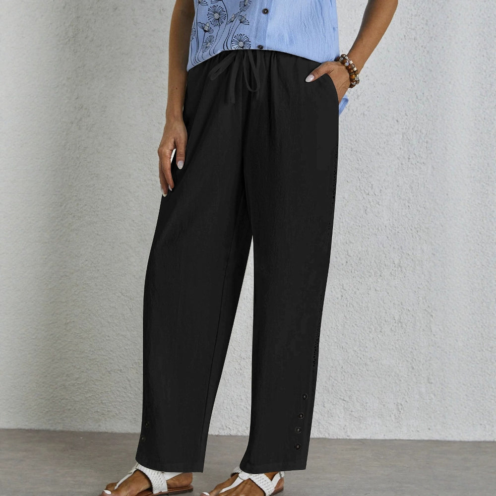 Damen lockere Freizeithose mit elastischem Bund und dekorativen Knopfdetails EB