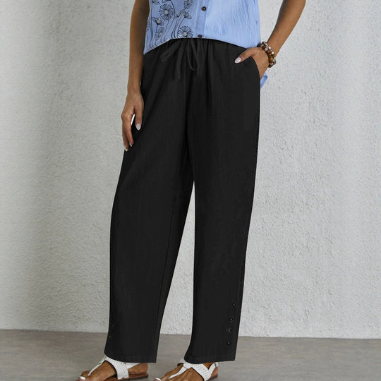 Damen lockere Freizeithose mit elastischem Bund und dekorativen Knopfdetails EB