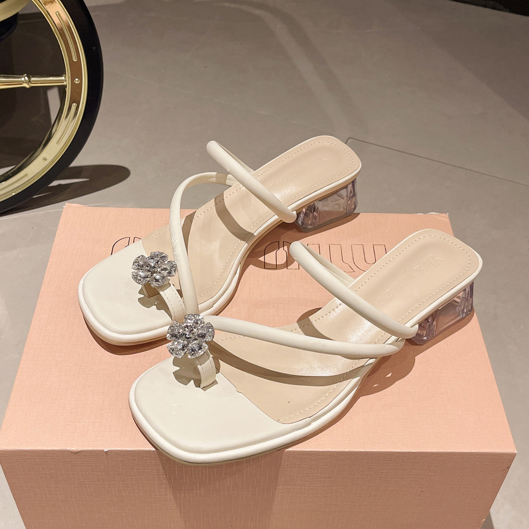 Damen Elegante Sandalen mit funkelndem Kristall und transparentem Blockabsatz EB