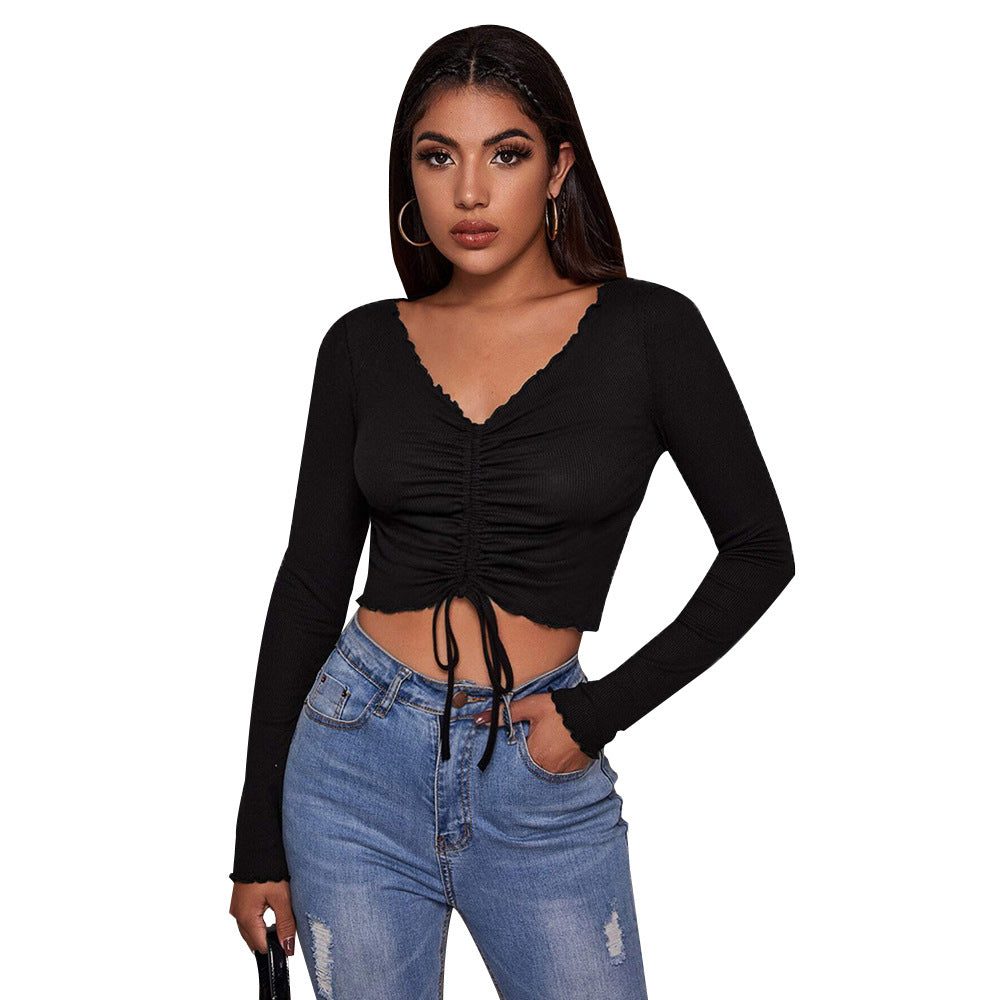 Damen geripptes Cropped-Longsleeve mit Tunnelzugvorderseite, Bindekordeln und gewelltem Saum Eichborn Berlin