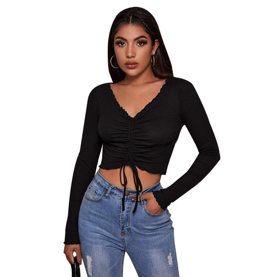 Damen geripptes Cropped-Longsleeve mit Tunnelzugvorderseite, Bindekordeln und gewelltem Saum Eichborn Berlin