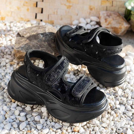 Damen Glamouröse Plateau-Sandalen mit verstellbaren Riemen und funkelnden Applikationen EB
