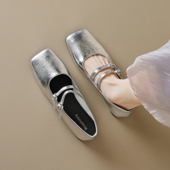 Damen elegante Ballerinas mit doppeltem Riemen und schimmerndem Obermaterial EB
