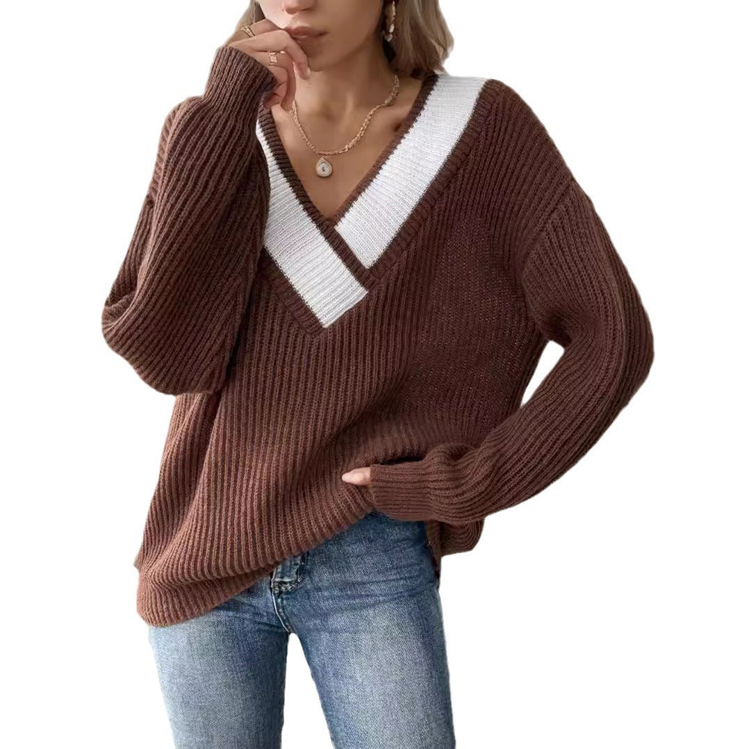 Damen oversized V-Pullover mit strukturiertem Rippstrickdesign EB