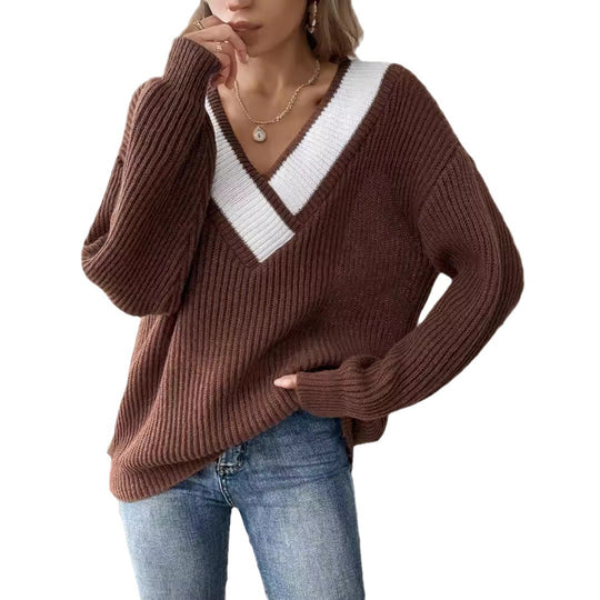 Damen oversized V-Pullover mit strukturiertem Rippstrickdesign EB