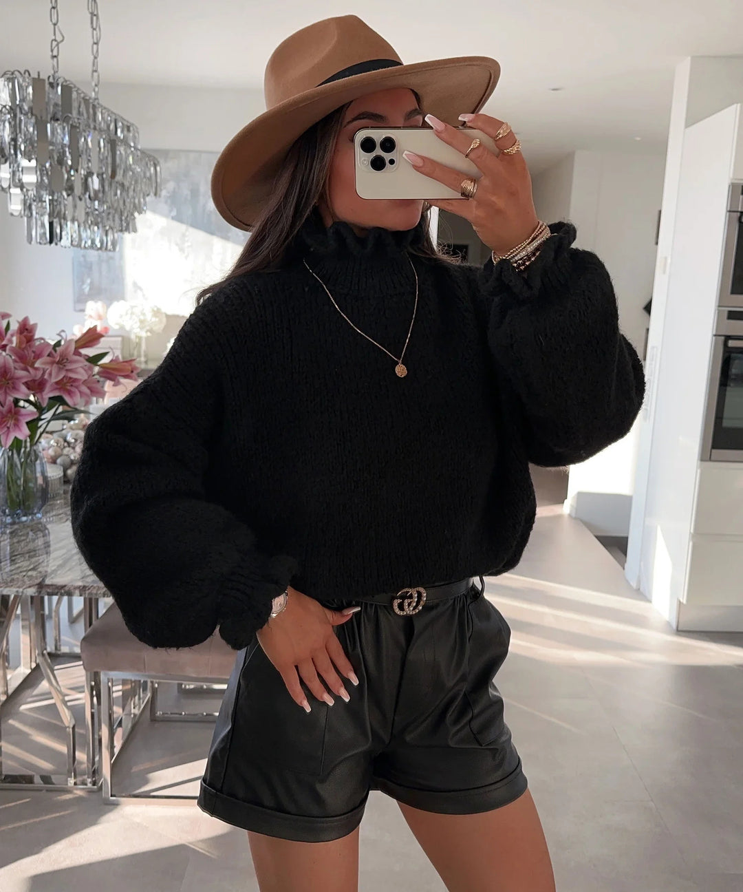 Damen kuscheliger Rollkragenpullover mit weiten Ärmeln und strukturellem Design EB