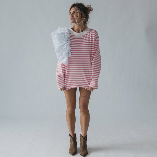 Damen Oversize Streifenpullover mit Rüschendetails EB