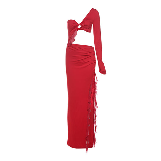 Damen Elegantes Maxikleid mit asymmetrischem Schnitt und Rüschendetails EB