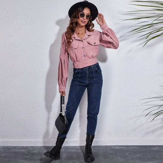 Damen Modische Cordjacke mit lässigem Schnitt und großen Taschen EB