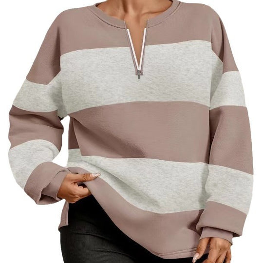 Damen modischer Sweatpullover mit Reißverschluss und gestreiftem Design EB