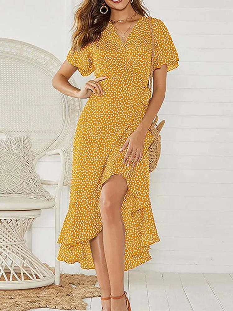 Damen Maxikleid mit floralem Design und schwingendem Saum EB