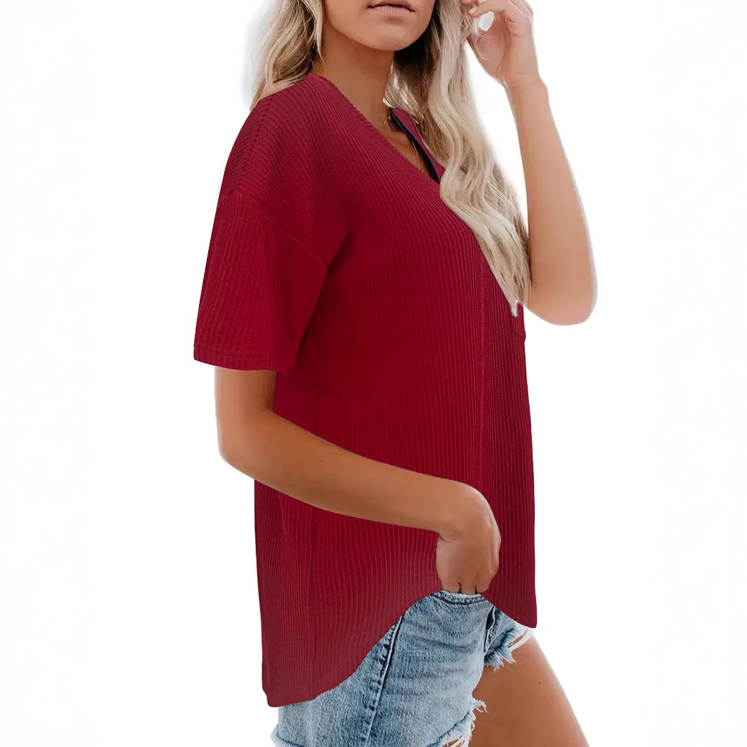 Damen Kurzarmshirt mit V-Ausschnitt und feiner Rippstruktur EB
